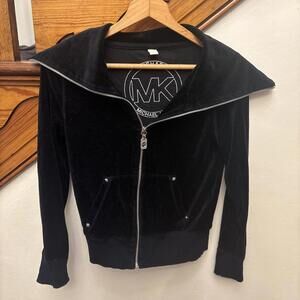 Michael Kors Full Zip Black Velour Jacket XS Logo Pockets Barbie 90s Y2K Glam